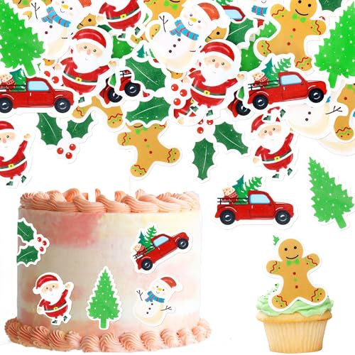 Blumomon 48 Stück Essbare Merry Christmas Cupcake Topper Essbare Weihnachten LKW Baum,Weihnachtsmann,Christmas Biscuit Man Weihnachts kuchen Dekoration Weihnachtsfeier Feiertagsbedarf