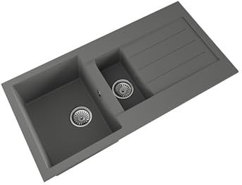 Balterley Composite Kitchen Sink with Drainer & Overflow Hole, 100cm Bowl Inset Grey Kitchen Sink, 1.5 Double Bowl Reversible Composite Sinks with Grooved Drainer - 1000 x 500 x 200mm (Grey)