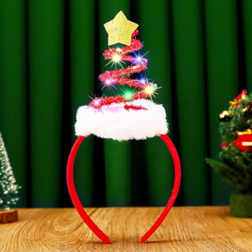 Handcess Bandeau Lumineux de Noël avec Sapin et LED Serre-Tête avec Étoile Brillante - Accessoires pour Cheveux pour Femmes (Rouge, Taille Unique)