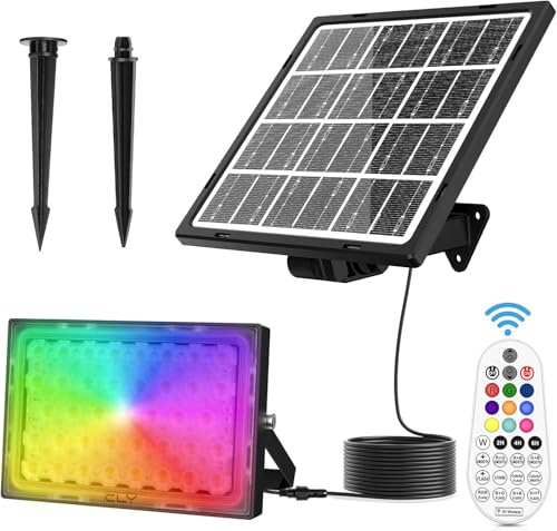 CLV Solar RGB Floodlight Color Changing FloodLight with Remote Control | 10 Color 6 Brightness Solar LandscapeLight Memory Timer Function IP66 Waterproof for Party Garden Backyard