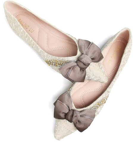 SAILING LU Bow-Knot Ballet Flats for Women Pointed Toe Crystals Wedding Shoes Comfort Light Weight Loafers, 060-apricot, 7 UK