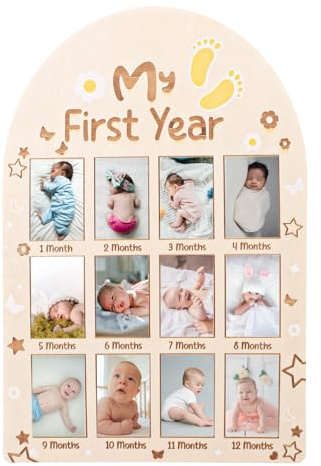 Gosknor Cadre Photo ma Première Année, Panneau d'Affichage Photo en Bois pour Bébé Cadre Photo de 12 Mois Souvenir de Nouveau-né 1er Anniversaire Cadeau Souvenir pour Décoration de Chambre d'Enfant