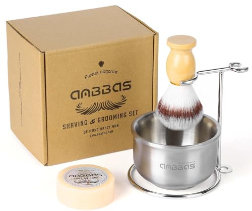 Anbbas Faux Badger Shaving Brush,Stainless Steel Shaving Razor and Brush Stand, Shaving Bowl and 100g Natural Soap Puck Refill,4in1 Wet Shave Kit for Men