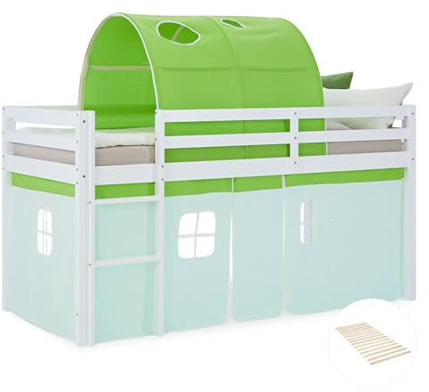 Homestyle4u Hochbett 90x200 grün Vorhang Bettzelt Kinderbett mit Rausfallschutz Leiter Holz Kiefer Massiv Lattenrost