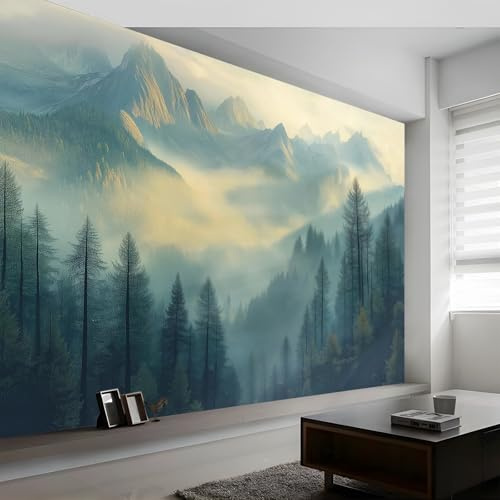 Fototapete Wald Berg Nebel Grün Grau 350 X 256 Cm(Wxh) 3D-Effekt Tapete | Hochwertige Vlies-Wanddekoration Für Wohnzimmer,Küche,Schlafzimmer & Kinderzimmer Premium-Wandbild