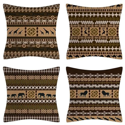 Jahrgang Kissenbezug 40x40 cm 4er Set Kissen Afrika Sofakissen Dekokissen Doppelseitig Leinen HD Druck Kissenhülle, Outdoor Kissen Kopfkissenbezug für Sofa Stuhl Bett Garten, Geschenk für Frauen Y-432