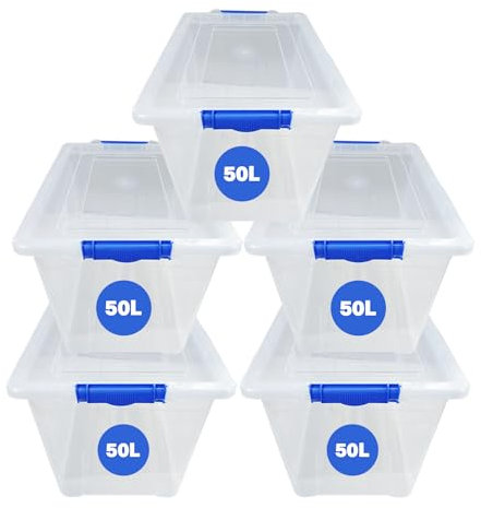 RelianceUK 5 X 50L Plastic Storage Box with Clip Lock Lids | Stackable Medium Storage Containers with Lids, Multipurpose Clear Strong Storage Boxes for Home Office Garage