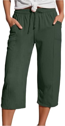 Yolimok Womens Cropped Trousers Elasticated High Waist Relax Fit Cotton Linen Ladies 3/4 Length Straight Wide Leg Trousers Casual Everyday Soft Lightweight Plain Three Quarter Pants