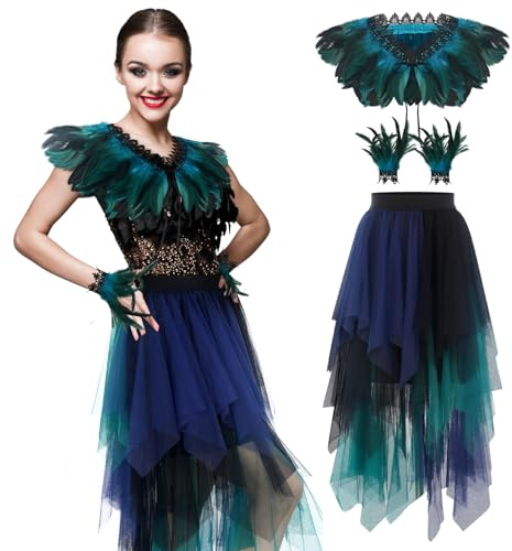 Sintege 3er Set Pfau Kostüm für Damen, Karneval Faschingskostüme Damen | Pfau Kostüm, Natürlicher Federschal Poncho, Feder Manschetten, Tüllrock für Karneval, Fasching, Halloween, Maskenball