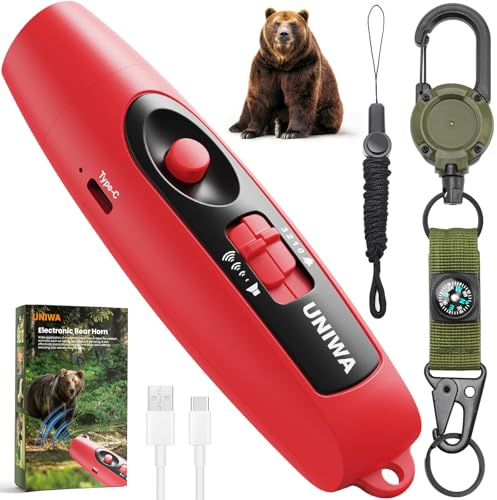 UNIWA Electronic Air Bear Horn, 120±5 dB Loud Air Horn for Safety Hiking Camping Emergency Whistle with Compass & Retractable Hook, Bear Horn to Scare Bears - Self Defense for Hiking -Red