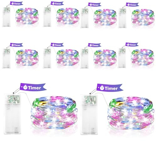 ENLACE 10 Stück LED Lichterkette Batterie mit Timer, 2M 20 LED Kupferdraht Lichterkette Innen, Bunt Micro Lichterketten für Weihnachten, Halloween, Hochzeit, Silvester, Party Deko