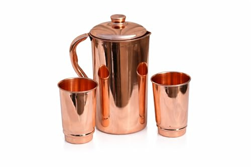 HEALTHANDVEDA™ Pure Copper Water Jug | Copper Pitcher with Lid for Drinking Water | Traditional Ayurvedic Tamra Jal Vessel for Drinking Water 1.5Lt Capacity (Plain Copper Jug + 2 Cup)