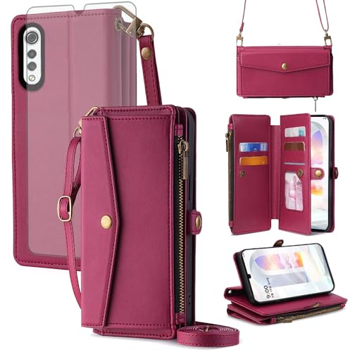 Asuwish Handyhülle für LG Velvet 5G/4G Hülle mit Band Folie Schutzfolie Kartenfach Klappbar Geldbörse Ständer LMG910EMW LM-G910EMW Handy Hüllen Schutzhülle Reißverschluss Handyhüllen Phone Case Rot
