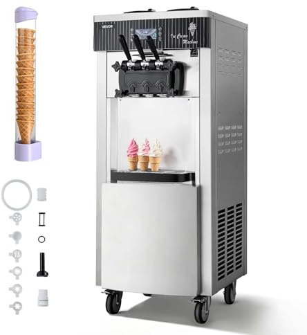 VEVOR Macchina per Gelato Morbido Commerciale 2200 W Macchina per Gelato Soft da Bar Produzione 20-28 L/h 3 Gusti 2 Contenitori in Acciaio Inox con Porta Cono, Macchina per Dolci da Bar Gelateria