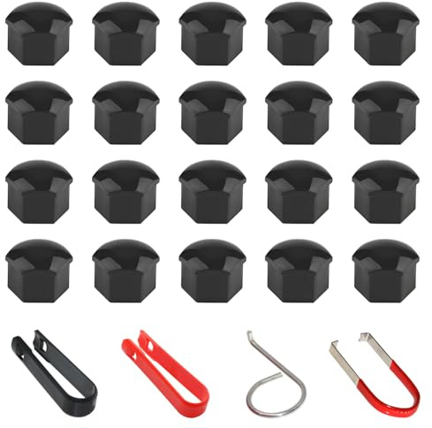 Xynovate 20 Stücke Radschraubenkappen, Universal Kunststoff Nut Radmuttern, Schraubenabdeckung Auto Radkappen, mit Entfernungswerkzeugsatz für Autos (17mm/Schwarz)