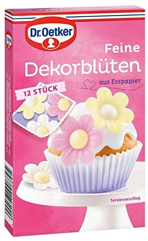 Dr. Oetker Feine Dekorblüten, 12 Stück, bunte Kuchendeko, Blüten aus Esspapier in Gelb, Rosa & Weiß, farbenfrohes Dekor zum Verzieren von Muffins, Cupcakes & Torten, vegan