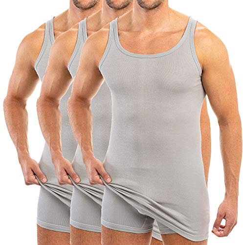 HERMKO 3007 3-Pack Extra-Long (Approx. 10 cm+) Men's Tank top Vest in 100% bio-Cotton, Size:Medium, Colour:Grey