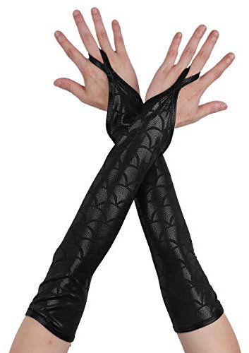 Freebily Glänzend Fingerlose Handschuhe Metallic/Fischschuppen gedruckt Armstulpen Silberne Handschuhe Gogo Party Kostüm Zubehör Nachtclub Clubwear C Schwarz Fischschuppen One Size