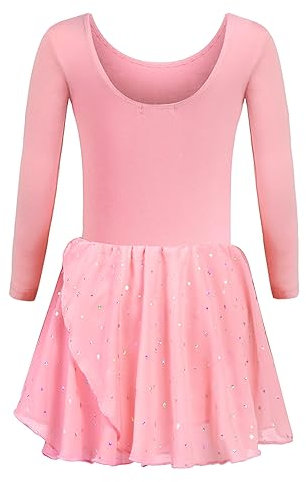 trudge Ballettanzug Mädchen Ballettkleid Langarm Ballett Tanzkleid Kinder Ballettkleidung Pailetten Tanzbody Mit Tütü Ballerina Kleid Dunkel Rosa 140/5-6 Jahre