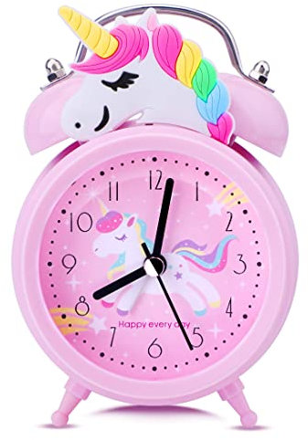 TCJJ Réveil Licorne pour Filles, Sans Tic-Tac et Silencieux, Rose De Chevet, Horloge Classique à Double Cloche avec Rétroéclairage, Parfait pour Les Cadeaux de Noël