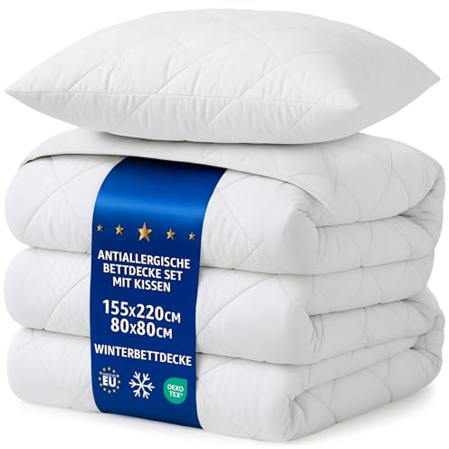 Amazinggirl Bettdecken Set 155x220 mit Kissen 80x80 Ganzjahresbettdecke – Weiche atmungsaktive klimaregulierende Steppbettdecke für Allergiker, Oeko-Tex Zertifiziert, waschbar