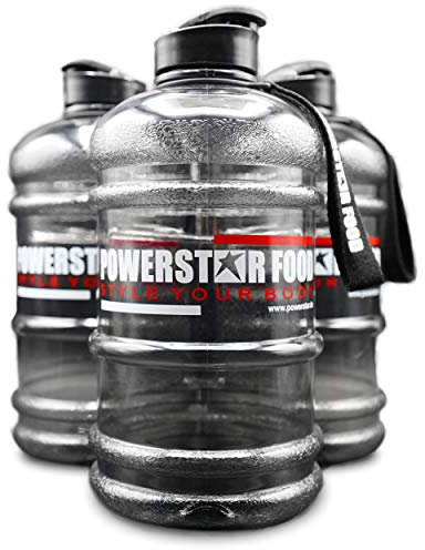 POWERSTAR FOOD Bouteille d'eau XXL - 2,2 l - Noire - Avec poignée de transport, dragonne et ouverture supplémentaire dans le bouchon - Pour la gym, le fitness et l'entraînement - Sans BPA