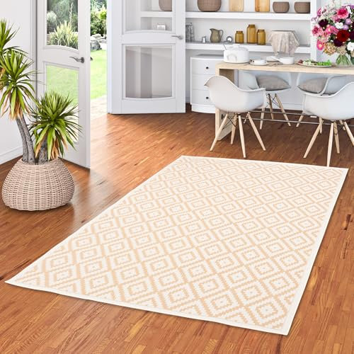 In & Outdoor Flachgewebe Sisaloptik Natur, Terrasse und Balkon, Teppich Valencia Fliesenoptik Beige Creme in 5 Größen