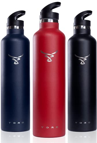 Toro Insulated Steel Water Bottle Vacuum Metal Flask Cold 24 Hours & Hot 12 Hours | Stainless Steel Lid & Sports Cap with Straw | Leak Proof No Condensation | 600ml / 750ml / 1000ml / 1L, Lava Red