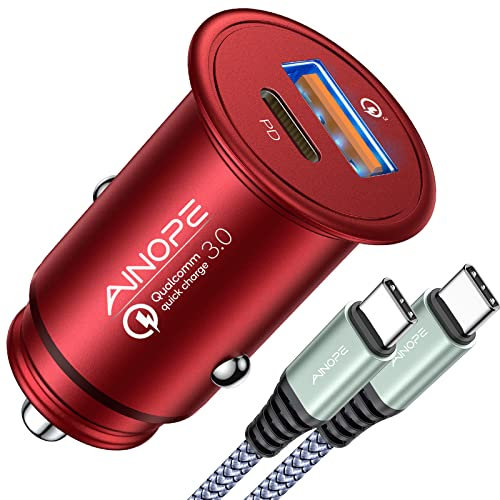 AINOPE Zigarettenanzünder USB C Auto Ladegerät 54W PD&QC 3.0 Schnell Metall kfz Ladegerät USB C Adapter Auto Zubehör [mit USB C zu C Kabel] Kompatibel mit iPhone 16 15 14 Pro Max 13 iPad, Samsung(rot)