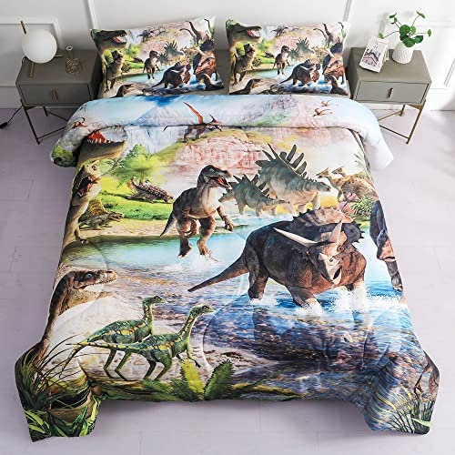 Roscloud Set di biancheria da letto con dinosauri per bambini, 2 pezzi, 3D T-Rex triceratopo Tanystropheus Wild Dinosaur Bedding (1 federa x 1)