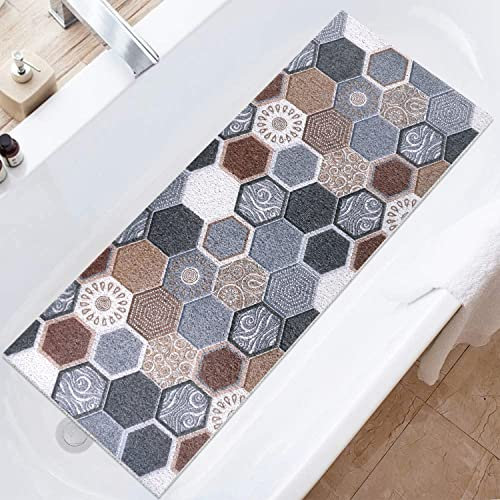 Duschmatte, rutschfest, 40 x 100 cm, Sicherheits-Duschmatte, komfortabel, weich, mit Ablauflöchern, Massagematte aus Luffa-PVC, für Nassbereiche, schnell trocknend, Digitaldruck