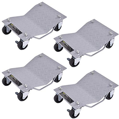 GYMAX Lot de 4 Chariots à roulettes pour Démenagement de Voiture, Charge 2720 KG, avec Frein, Surface Antidérapante et Poignée Pratique, pour Transport d'Auto, Camion, Meuble