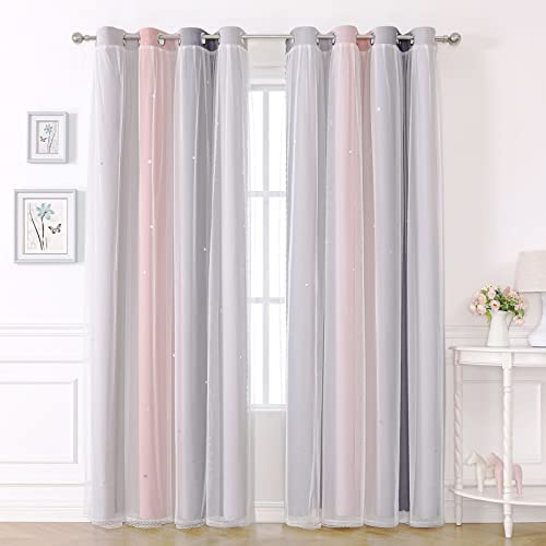 KAHEAUM Verdunkelungsvorhänge für Wohnzimmer, Kinderzimmer, Mädchen, Vorhänge, Öse, schalldichte Thermovorhänge für den Winter, Voile-Netzvorhänge für Fenster, 132.1x160 cm, grau-rosa Vorhänge