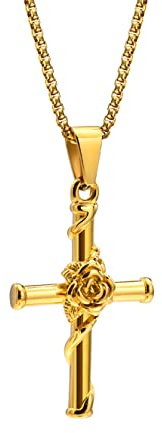 YAHOYA Collier Croix Rose pour Homme,Collier Croix Florale en Acier Inoxydable,Bijoux Croix,Collier Religieux