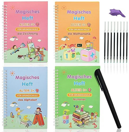 XIANGLONGY 4 Stück Magisches Heft Deutsch, Wiederverwendbar Magische Übungshefte, Deutsch Magisches Heft, Magisches Buch Set für Kinder Kalligraphie Zahlen Zeichnung Buchstaben