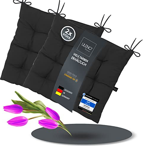 LILENO HOME 2er Set Stuhlkissen 33 Schwarz (40x40x6 cm) - Sitzkissen für Garten, Küche oder Esszimmer - UV-beständige Indoor u. Outdoor Stuhlauflage als Stuhl-Kissen (Linda FUM)