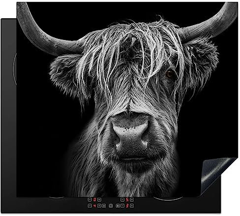 KitchenYeah© Induction Hob Protector Mat 20.5x23.6 / 60x52 cm Stove Cap Top Cover Kitchen Cooker Covers for Electric Hobs Vinyl Scottish Highlander - Horns - Black - White - Cow