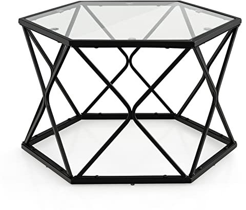 COSTWAY Couchtisch aus geometrischem Glas, sechseckiger Beistelltisch mit gehärteter Glasplatte und Metallbeinen, kompakter Mitteltisch, schwarz