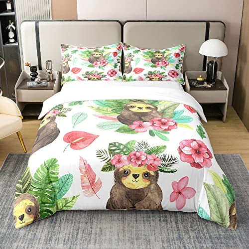 Cartoon Sloth 100% Waschen Baumwolle Bettbezug Kawaii Faultier Tröster Abdeckung Palmenblatt Kirschblüte Monstera Bettwäsche Set Hawaiian Tropical Leaf Tier Steppdeckenbezug für Jungen Mädchen,155x220