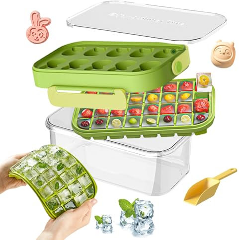 Molde de hielo, recipientes de hielo con tapa, moldes de hielo de silicona, 10 compartimentos para conejos y pandas + 32 compartimentos cuadrados, sin BPA, para cóctel, whisky, vino, fruta (verde)