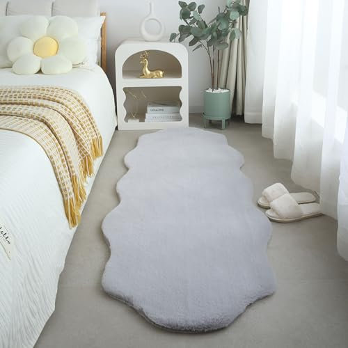Teppich Plüsch Einfarbig Schaffellform Kunstfell Teppich Schlafzimmer Super Weich Felloptik, Farbe: Silberfarbe, Größe: 60 x 180 cm
