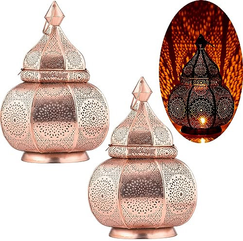2er Set Marrakesch Lampe und Laterne in einem aus Metall 30 cm groß | Tischlampe Windlicht Lamisa Kupfer als Orientalische Dekoration