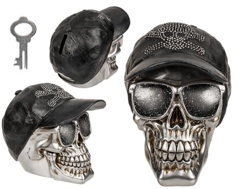 Spardose mit Schloss, Totenkopf mit Basecap, ca. 16 x 13 cm, aus Polyresin, Silber