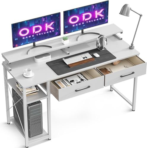 ODK Computer Desk with Drawers, 120 x 48 cm Office Desk with Storage, Home Office Table with Monitor Stand & Shelves for Study Play Work Home Office, White