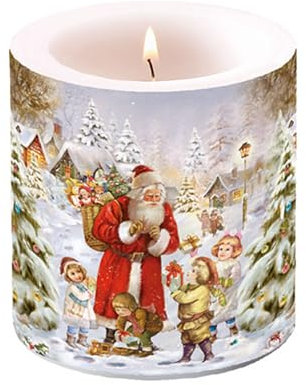 Ambiente Kerze Stumpenkerze Wachswindlicht 9 cm hoch Brenndauer ca 35h Weihnachtsmann bringt den Kindern Geschenke Advent Weihnachten Dekorationskerze