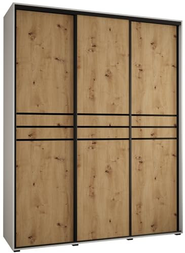 MEBLE KRYSPOL Davos 10 190 Schrank mit DREI Schiebetüren für Schlafzimmer - Moderner Aufbewahrungsschrank mit Kleiderstange und Regalen - 235,2x190x60 cm - Weiß Artisan Schwarz