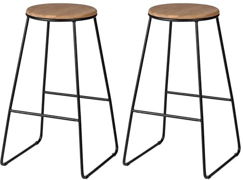 Barhocker 2er Set im Retro-Stil, Küchenstühle mit Bambus-Sitz, Metallbeine