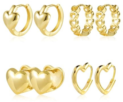 Ohrringe Gold Creolen Herz Set, ALEXCRAFT 4 Paar Multipack 14K Vergoldet Ohrringe Set Kleine Herz Creolen Damen Frauen Silber 925 Creolen Ketten Huggie Kreolen Creolen Herzform Ohrringe Gold Set