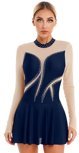 TiaoBug Eiskunstlauf Kleid Damen Eislaufen Rollschuh Kleid Langarm Mesh Glitzer Ballettkleid Tanzkleid Gymnastik Bekleidung gr.S M L XL Navy blau P M