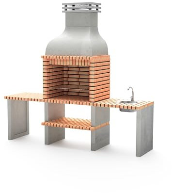 MAESTRO FERRETERO MOVELAR - Barbacoa de Obra Prefabricada de Leña y Carbón Modelo Altea (Gris, Naranja - 268 x 70 x 255 cm) Ref: M00041 - Cocina de Exterior con Lavabo para Jardín y Terraza